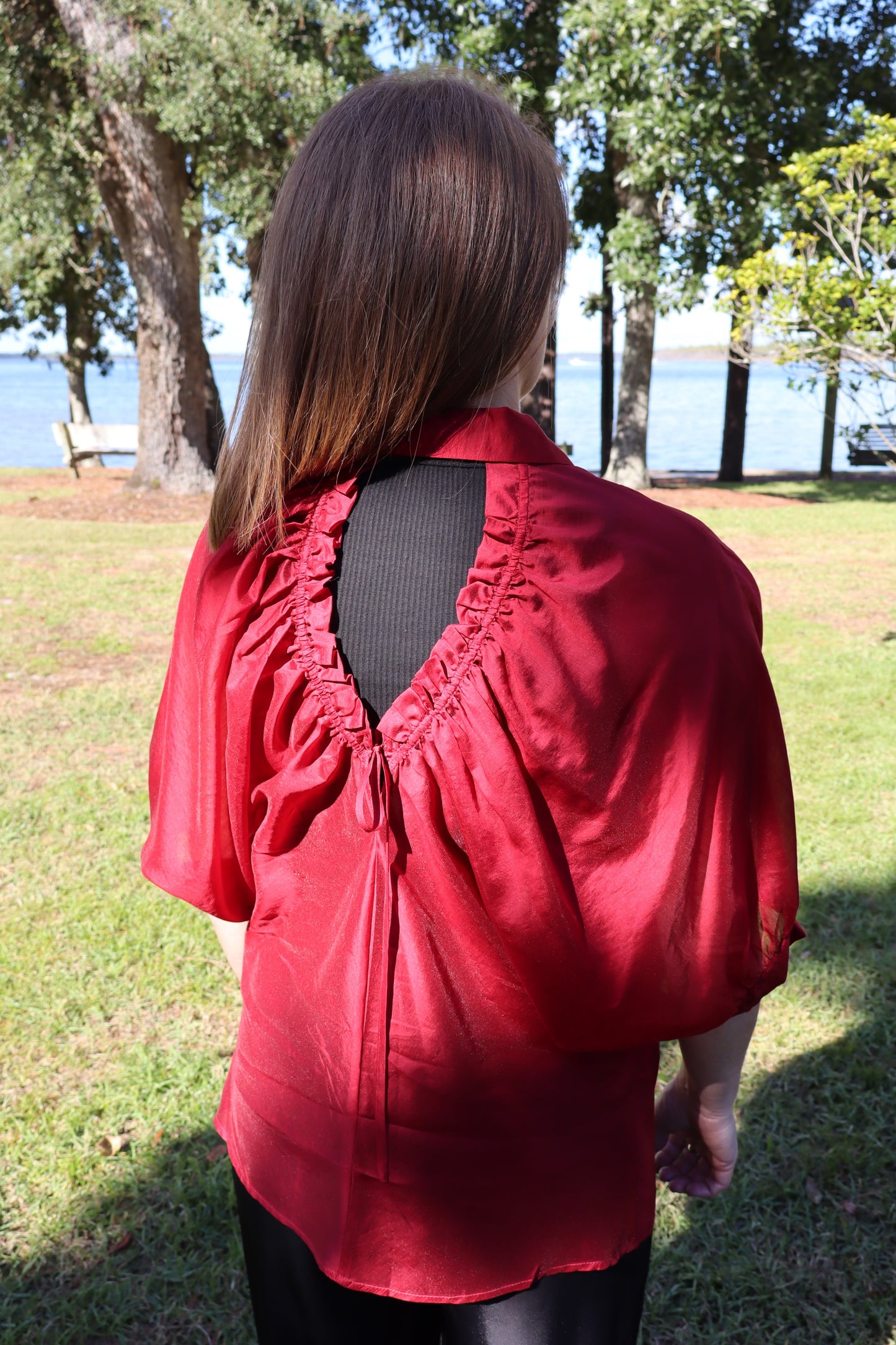 Back view of burgundy top