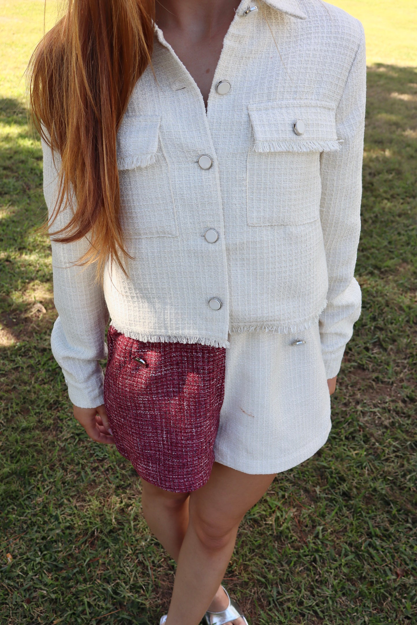 Burgundy/cream tweed shorts