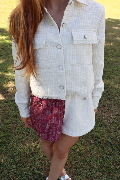 Burgundy/cream tweed shorts