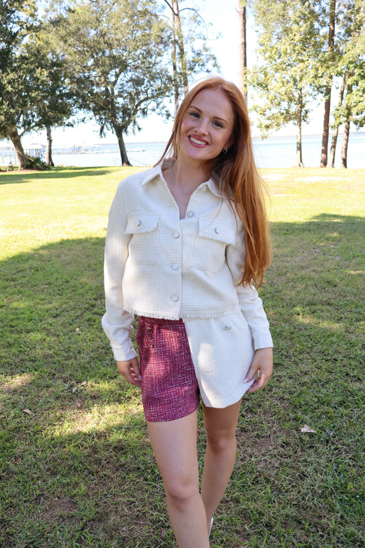 Burgundy/cream tweed shorts