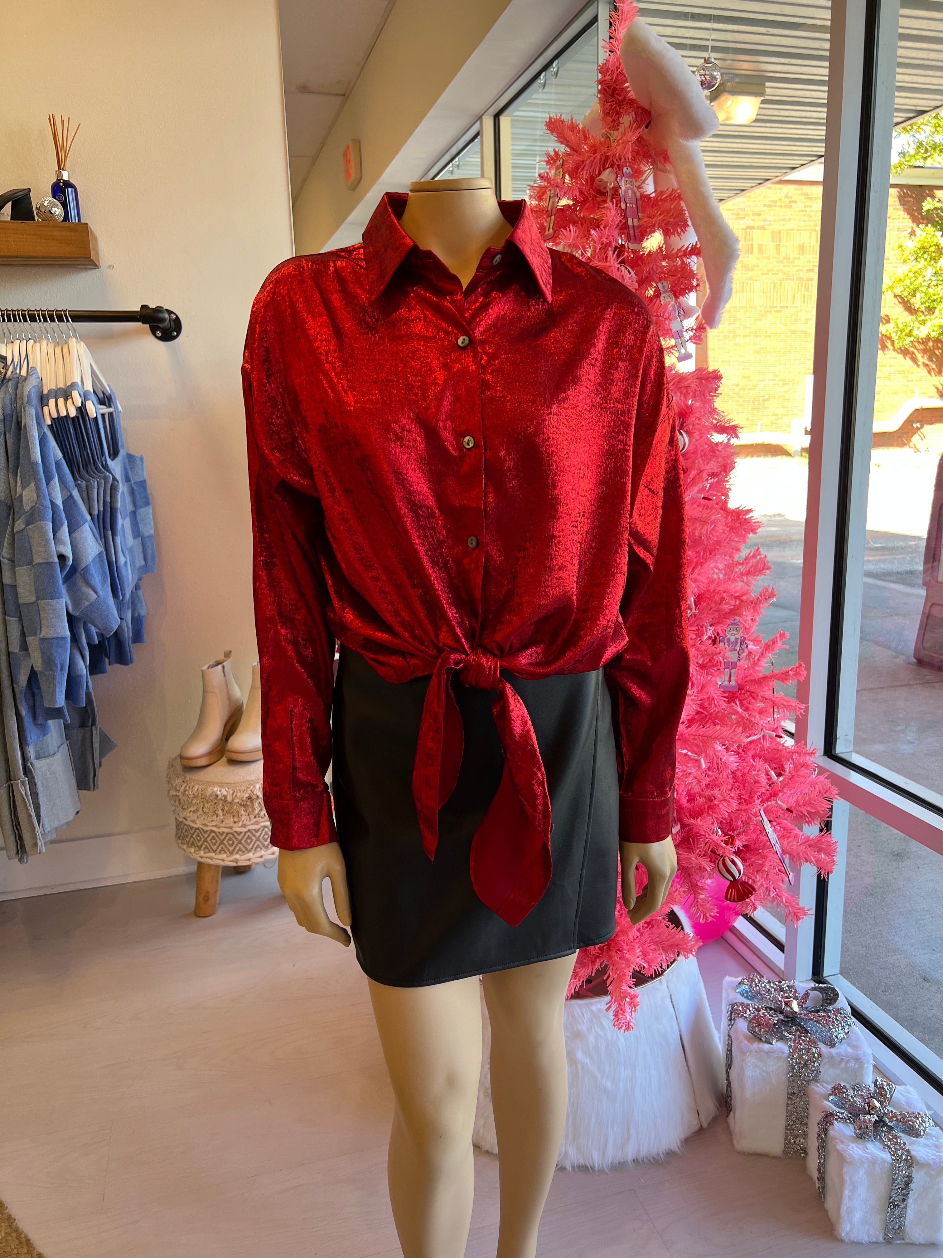 red shiny tie front blouse
