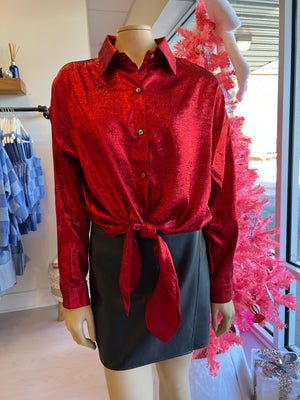 red shiny tie front blouse