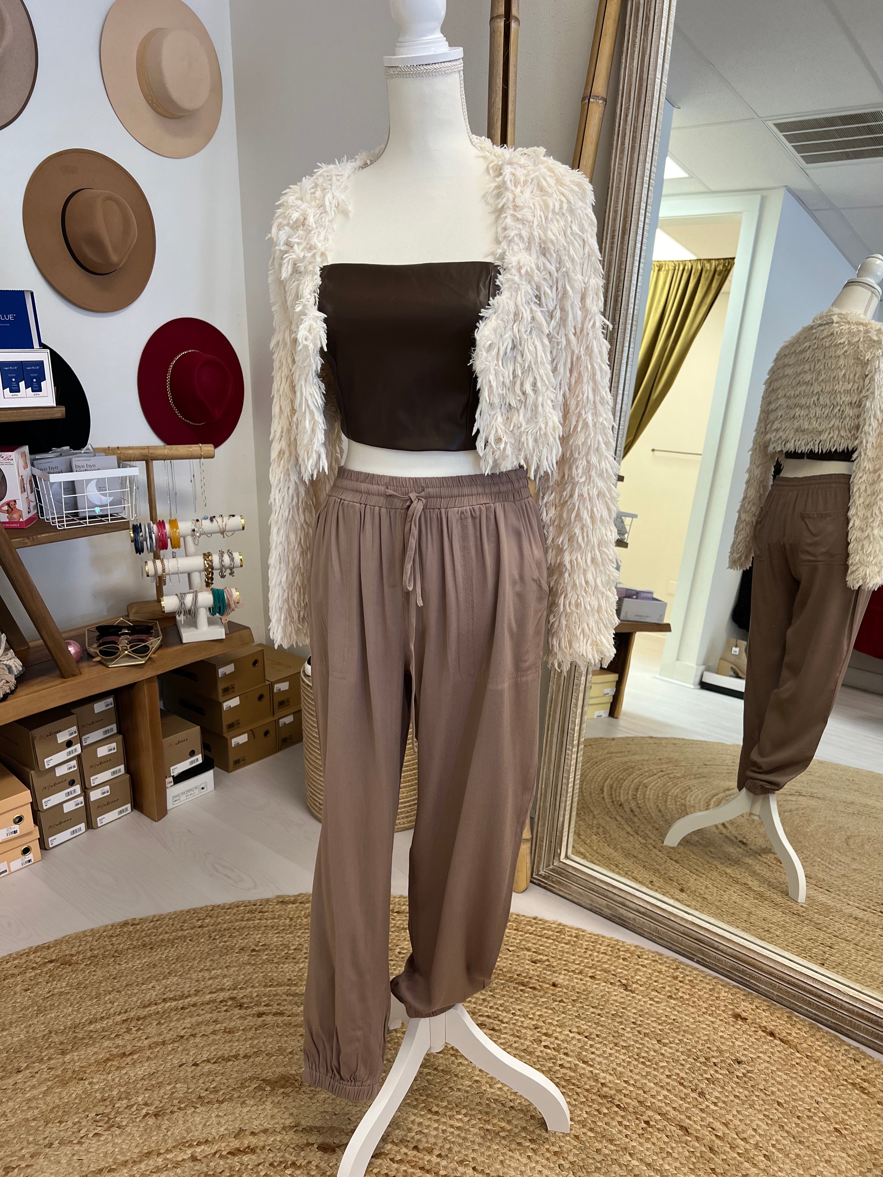 Cream shaggy crop with ella top and taupe joggers