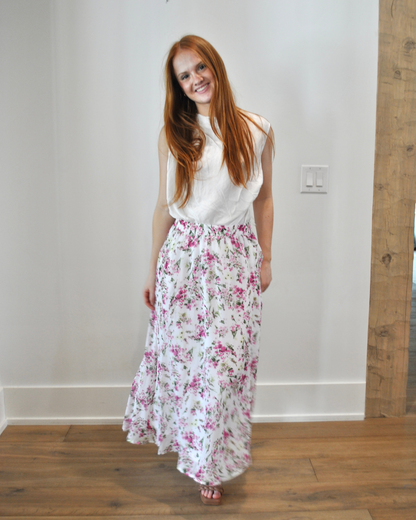 White tank with pink floral skirt